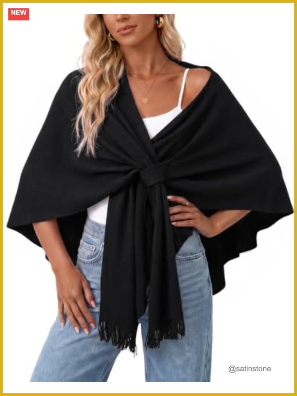 Wool Blend Poncho Shawl Wrap with Front Loop, Fringe Hem